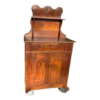 Vintage Rustic Dark Pine Wood Chiffonier Cabinet W/ Scrolled Top - Shelf & Drawer For Sale