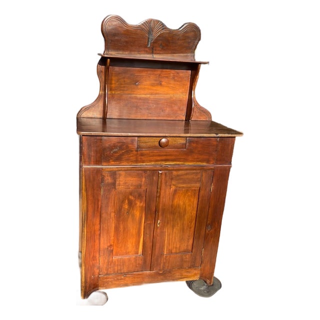 Vintage Rustic Dark Pine Wood Chiffonier Cabinet W/ Scrolled Top - Shelf & Drawer For Sale