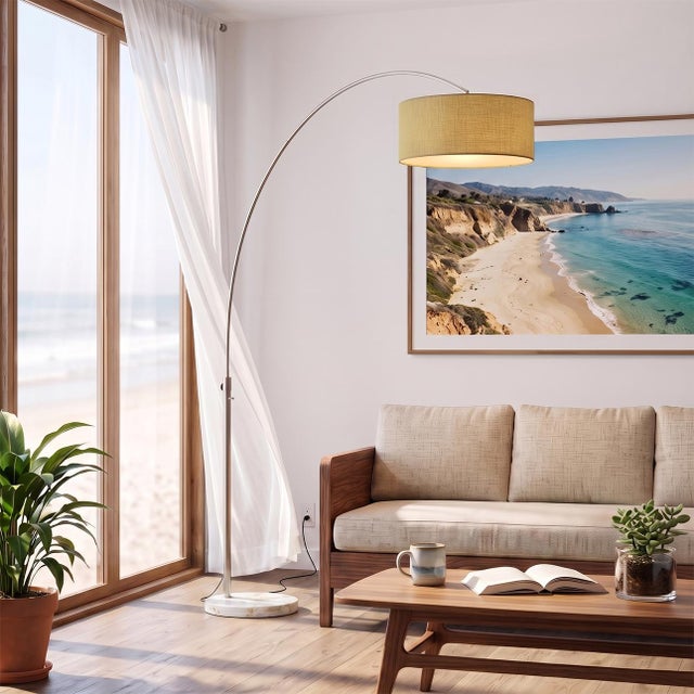 An authentic 1960s design by Peter Morelli, reborn for modern homes, this satin nickel and marble arc lamp isn't a...