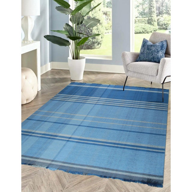 Textile Blue Plaid Flatweave Wool Rug 10x14 For Sale - Image 7 of 9