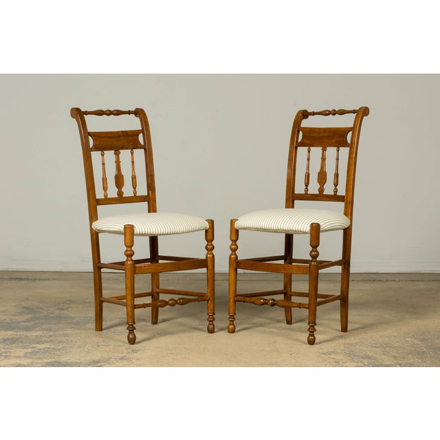 Wood Set of 10 Late 19th Century French Provincial Walnut Dining Chairs in Green Ticking Stripe For Sale - Image 7 of 18
