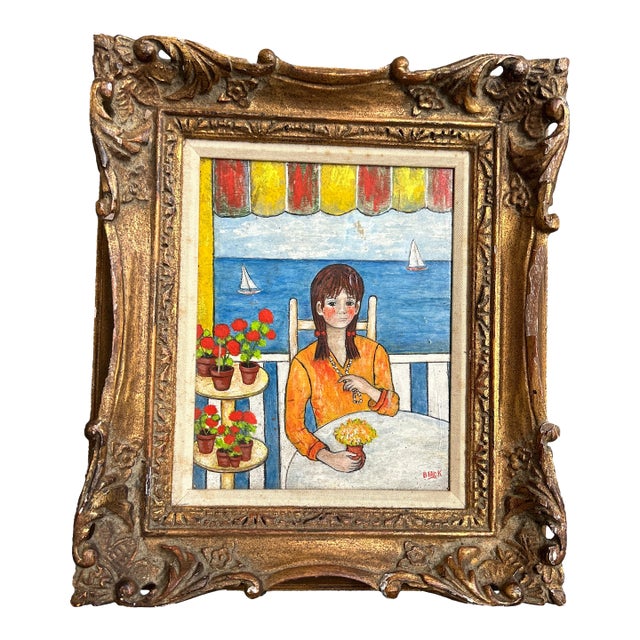 1960’s Original Folk Art Paris School Style Female Portrait / Seascape Painting Fancy French Frame For Sale