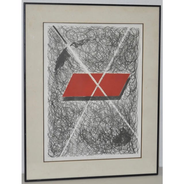 Fine Abstract Black, Red & White Lithograph by Mystery Artist. Though this excellent lithograph is pencil signed, we...