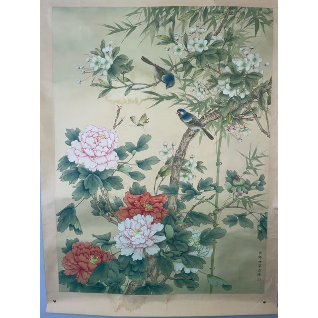 A striking, oversized (30 \times 40 inches) vintage watercolor and tempera painting on authentic woven silk, rendered in...