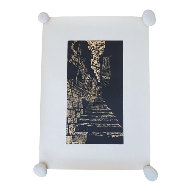 A Vintage Linocut Block Print Signed Arieh Kimhi, Jerusalem 1974, Numbered 10/130 For Sale