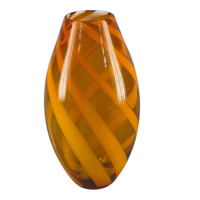 Mid-Century Modern Hand-Blown Cased Glass Warm Amber White Ribbon 14.5'' Vase For Sale - Image 10 of 10