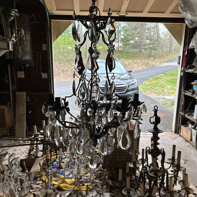Chestnut Vintage Six Arm Metal and Crystal French Provincial Chandelier For Sale - Image 8 of 8