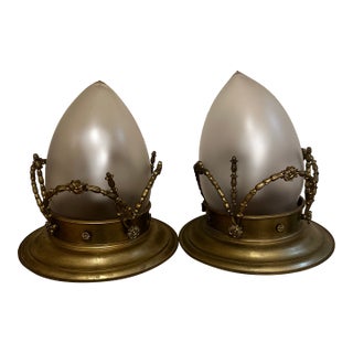 Pair of Large Vintage Brass and Glass Ceiling Fixtures For Sale