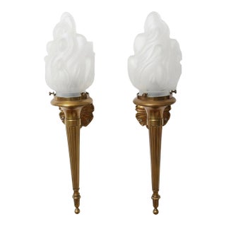 Vintage Art Deco Mashaal Light Old Lamp Wall Sconces Fixture Brass & Frosted Mashaal Glass Shade Light - Pair For Sale