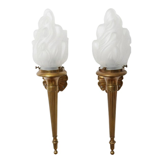 Vintage Art Deco Mashaal Light Old Lamp Wall Sconces Fixture Brass & Frosted Mashaal Glass Shade Light - Pair For Sale