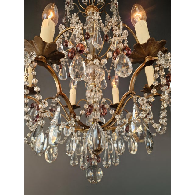 1920s Italian Chandelier Murano Glass Elements Crystal Chandelier With Colored Drops For Sale - Image 6 of 13