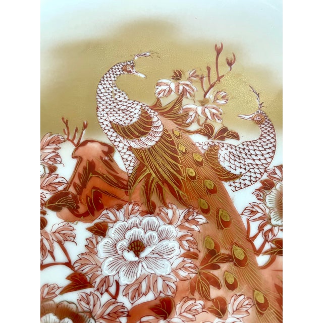 Brick Red Pair of Framed Antique Kutani Japanese Peacock Plates For Sale - Image 8 of 13