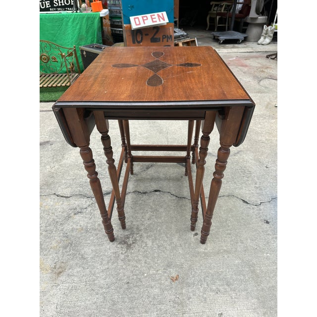 Pair of 1970s Wooden Carved Nesting Game Tables With Flip-Up Sides For Sale - Image 4 of 12