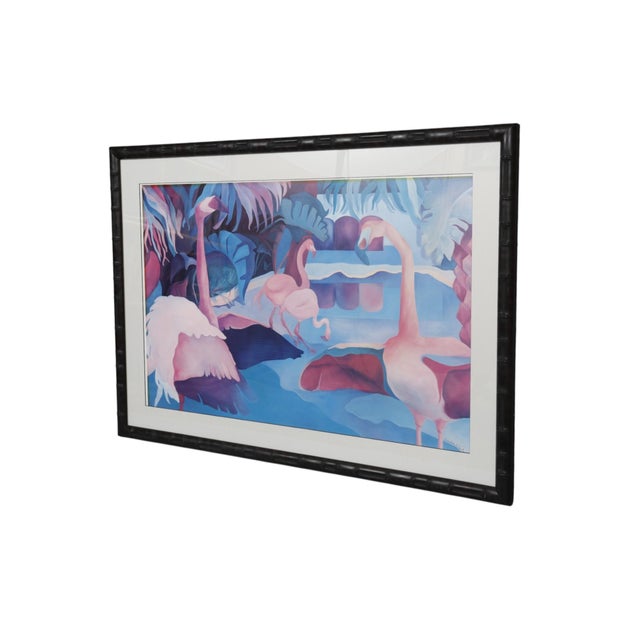 A framed signed print of the oil pastel painting “Fantasy Flamingos” by Cindia Carlson of Lincoln, Nebraska. The scene...