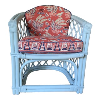 Vintage Painted Bamboo Club Chair With Red Quadrille Covered Cushion For Sale