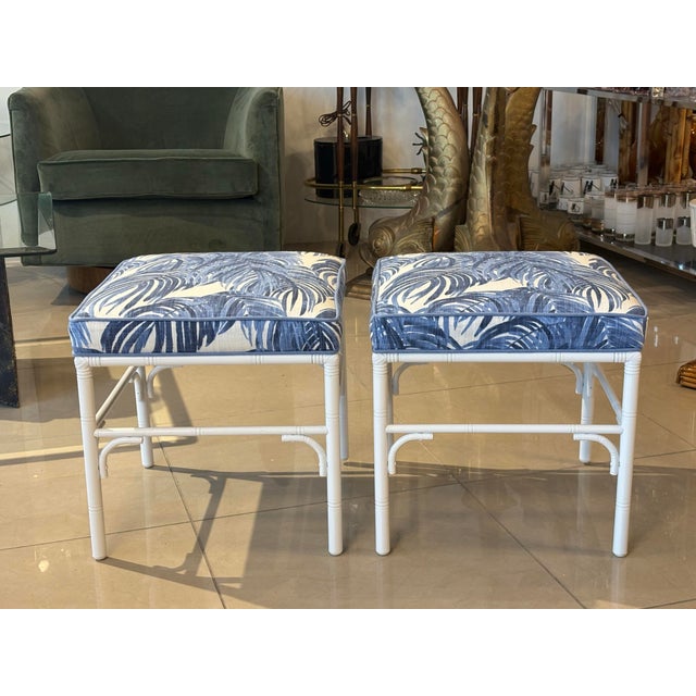 Vintage Pair Faux Bamboo Metal Benches Ottomans Stools Blue & White Palms For Sale - Image 12 of 12