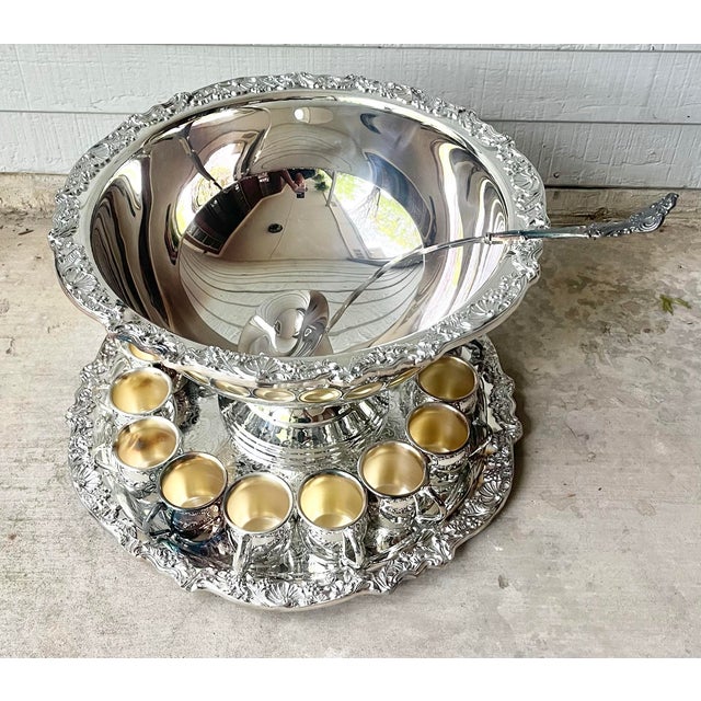 FB Rogers Silverplate 15-Piece Massive Punch Bowl Set, 12 Cups Plate Ladle Bowl Good vintage condition. Mostly polished...