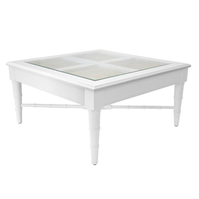 New special order item. Not vintage. The Noreen square coffee table artfully combines bamboo styling and woven caning...