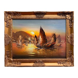 Late 20th Century Stunning Oil Painting on Canvas, Seascape, Sailing Ships at Sunset, Framed For Sale