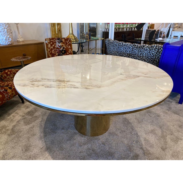 Large Polished Bronze & White Marble Top "Anello" Dining Table by Brueton For Sale - Image 16 of 16