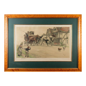 Early 20th Century Cecil Aldin Pencil Signed Hand-Colored Sporting Print With Horse-Drawn Carriage