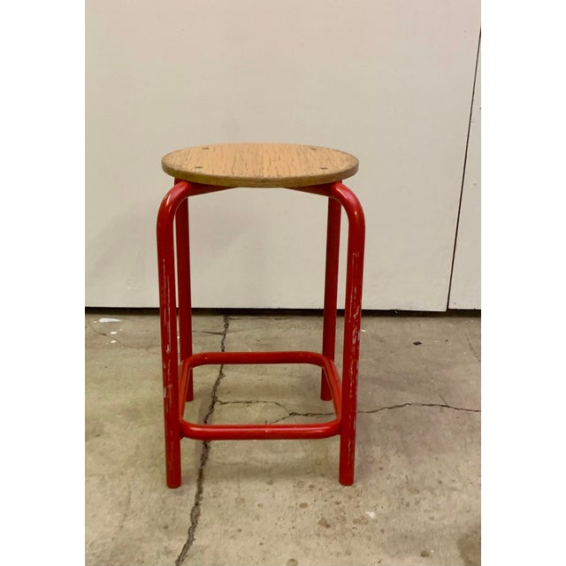 Industrial Vintage Industrial Danish Stool Red Metal Stool For Sale - Image 3 of 9