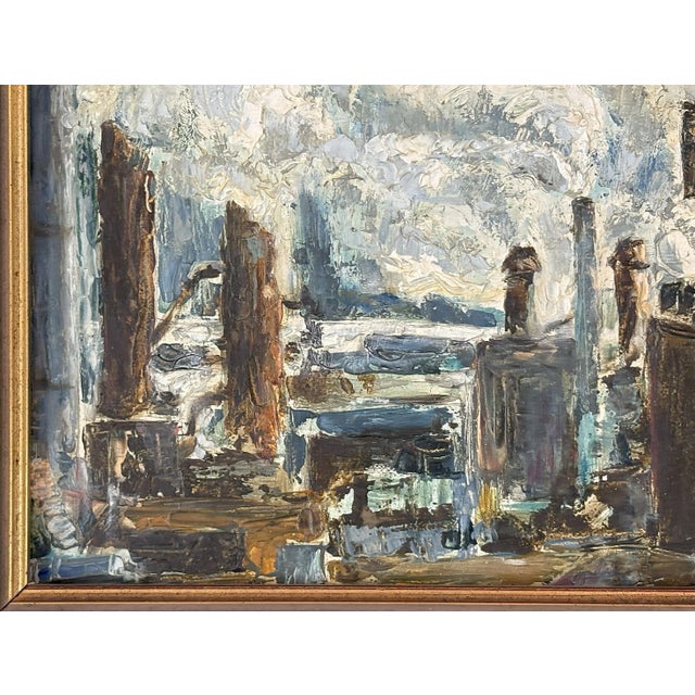 Original Signed Industrial Cityscape Painting on Board C1976 For Sale In West Palm - Image 6 of 12