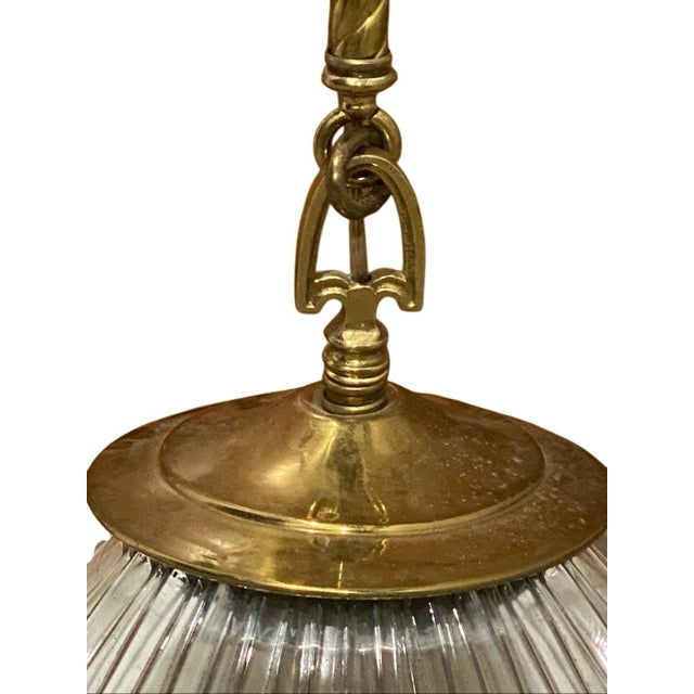 Vintage Holophane Large Polished Brass Dome Pendant Light Fixture 41” For Sale In Pittsburgh - Image 6 of 8