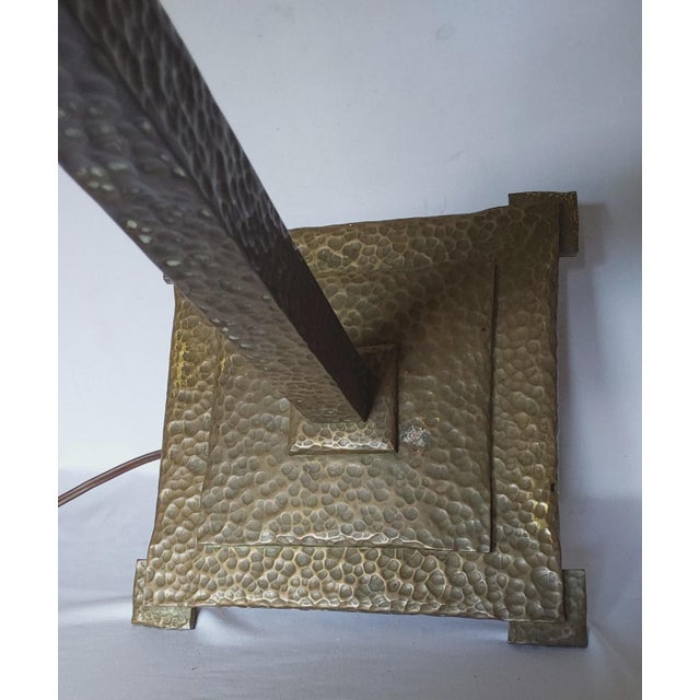An Antique (circa early 1900s) Arts & Crafts, Mission Table Lamp. The Lamp is made of bronze or brass and has a hand...