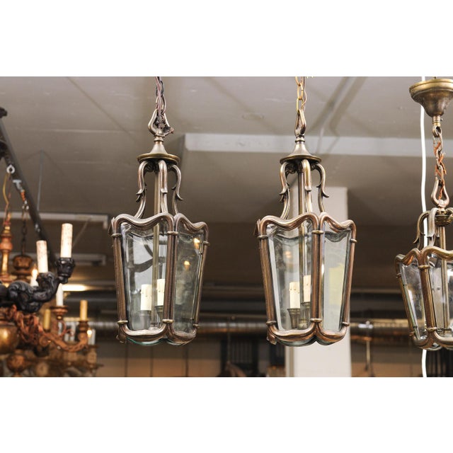 1940s Patinated Bronze Lanterns With Beveled Glass, France - a Pair For Sale - Image 9 of 12