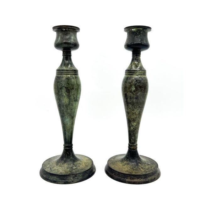 Late 20th Century Vintage Brass Candlesticks With Verdigris Finish – Pair – Neoclassical / European Traditional For Sale - Image 5 of 9