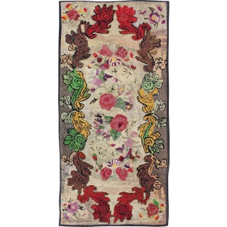 Antique American Hooked Rug With Red Rose, Brown, Green, Yellow Flower Bouquets For Sale