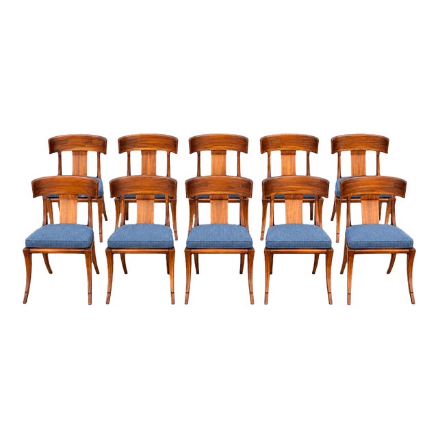 Teak Klismos Patio Dining Chairs. - Set of 10 For Sale