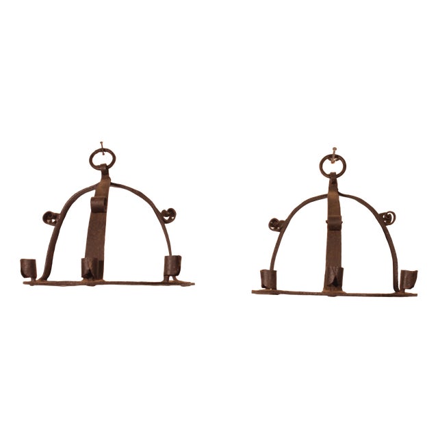 Medieval-Style Wrought Iron Wall Sconces, 1970s, Set of 2 For Sale