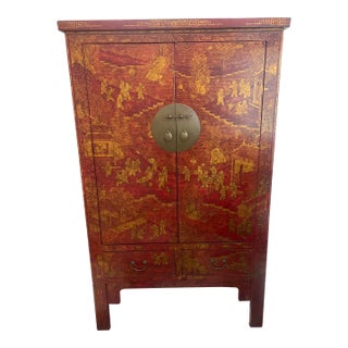 Antique Chinese Red Lacquer Wedding Cabinet With Gilt "Hundred Boys" Motif For Sale