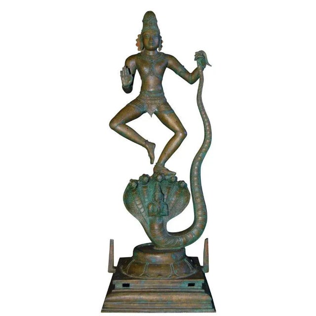 Mid Century Indian Chola Style Bronze Metal Krishna Dance Snake Tandava Tall Large Antique Statue Figure For Sale - Image 13 of 13