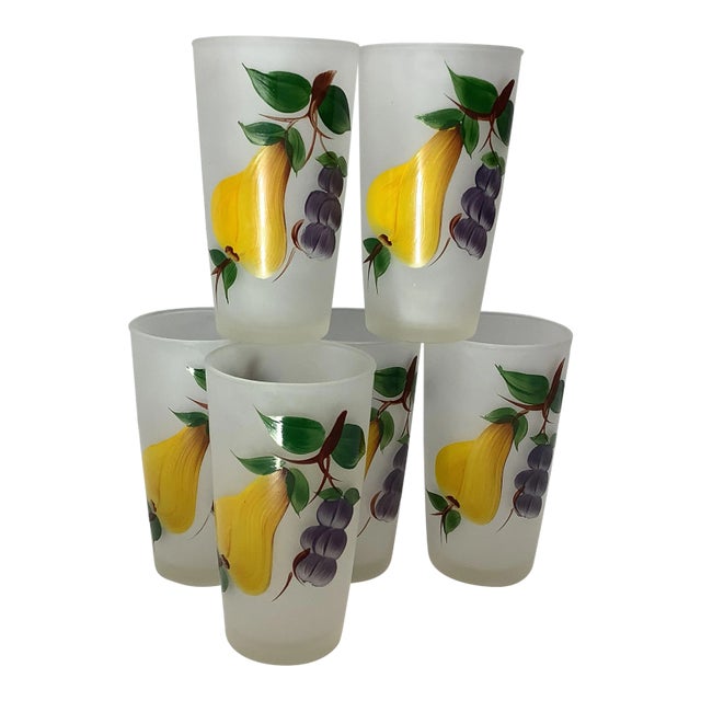 Mid-Century Hazel Atlas Frosted Hand Painted Pear and Grape Glasses - Set of 6 For Sale