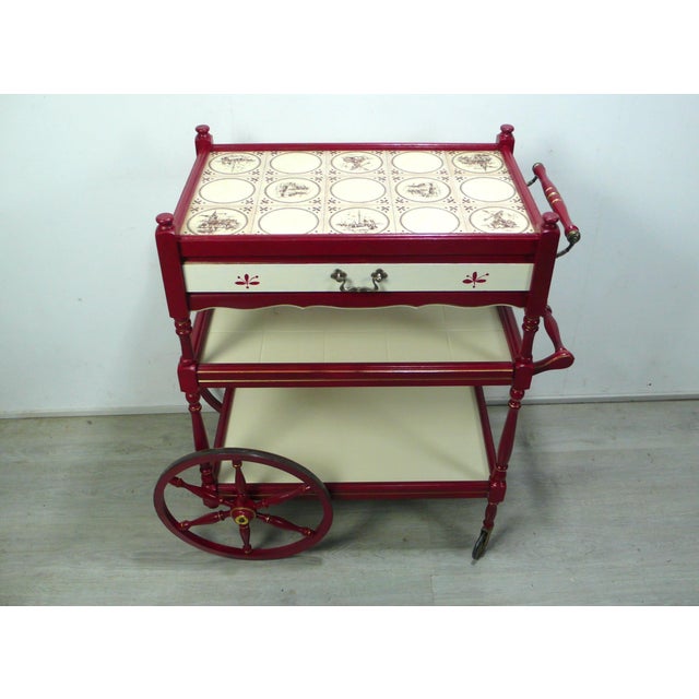 Metal Red and Cream 3-Tier Serving Cart with Drawer, 1950s For Sale - Image 7 of 9