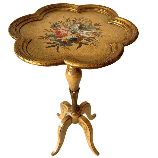 Wood Vintage Florentine Hollywood Regency Gilt Wood Side Table with Hand-Painted Floral Motif, 1950s For Sale - Image 7 of 7
