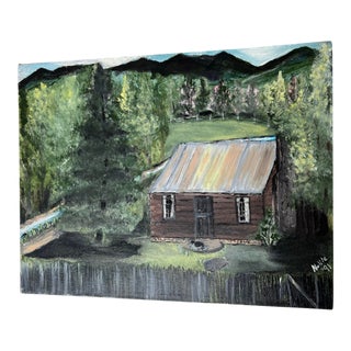 Nellie Medford 1991 Grandmas Miley McClave Little Mountain Cabin Oil on Canvas Painting For Sale
