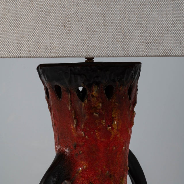 Art Deco Mid 20th Century German Red Fat Lava Glazed Ceramic Table Lamp For Sale - Image 3 of 12