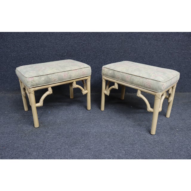 Beige Pair of Bamboo Footstools With Floral Upholstery For Sale - Image 8 of 11