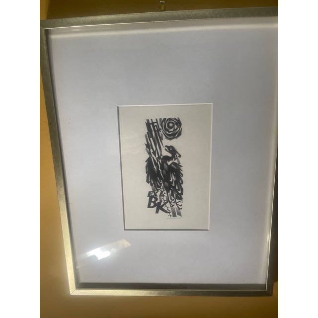 Signed graphic print by Czech artist Vojtěch Cinybulk. Abstract bird form rendered in bold black graphic shapes with...