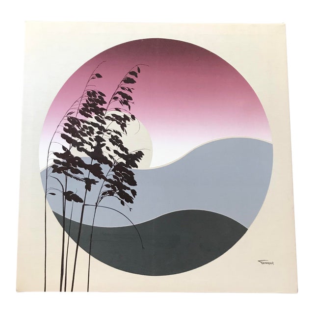 Mid 20th Century Abstract Landscape with Moon Fabric Painting by Tamarack For Sale