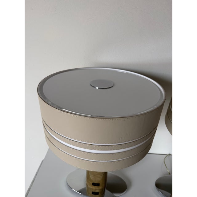 Chrome Bentley Home “Morpeth” Italian Luxury Leather & Burl Wood Table Lamps - A Pair For Sale - Image 8 of 12