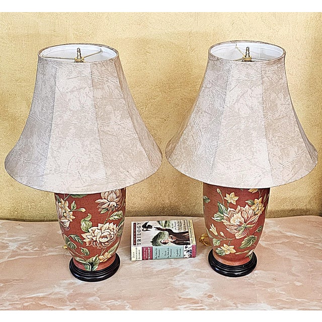 Vintage Burgundy Floral Chinoiserie Ceramic Ginger Jar Table Lamps With Shades - Pair For Sale - Image 4 of 18