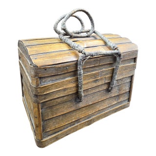 Vintage Primitive Split Bamboo Slatted Storage Chest Trunk- 13" Gathering Basket With Wrapped Wire Handles For Sale