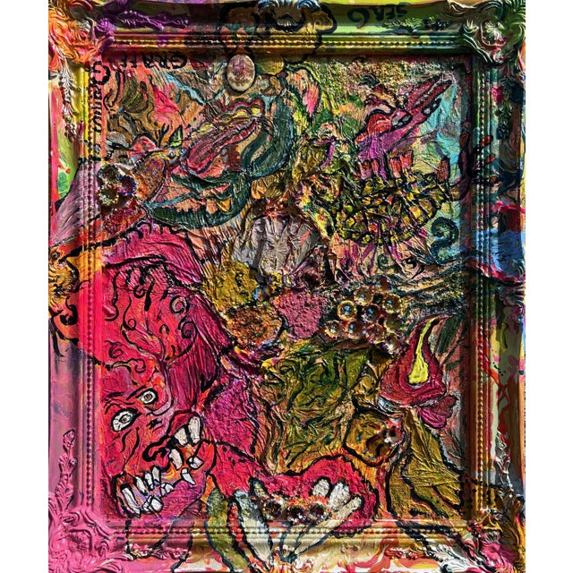 This textured abstract acrylic painting on canvas, titled "Cool Monsters," is a vibrant and imaginative composition filled...