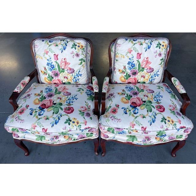 Bergère Armchairs by Century Furniture in Floral Upholstery – Pair | Louis XV Style For Sale - Image 14 of 16