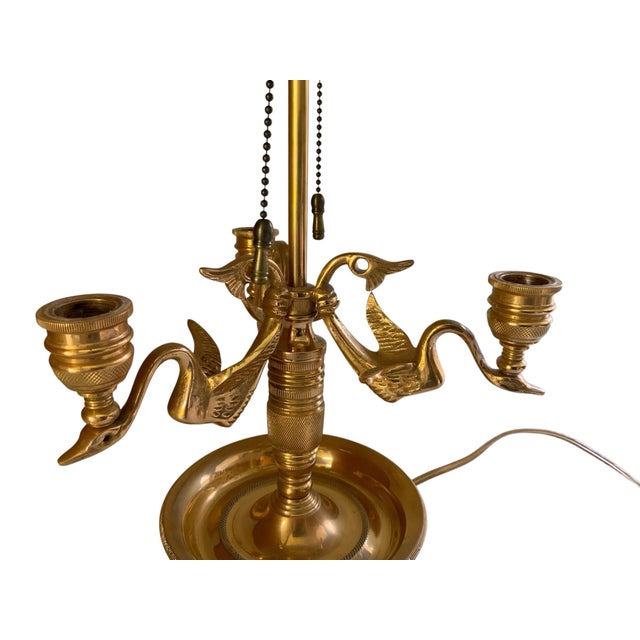 Bronze Vintage Wildwood French Empire Candlestick Bouillotte Bronze Table Lamp Triple Swans 25.5" Made in 1980s For Sale - Image 8 of 10